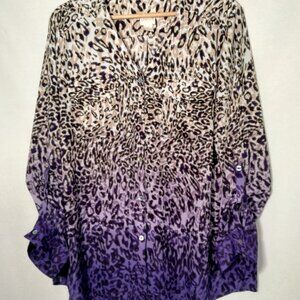 Chicos Size 2 M Blouse Shirt Cat Print Cheetah Leopard Roll Tab Tan Purple Ombre